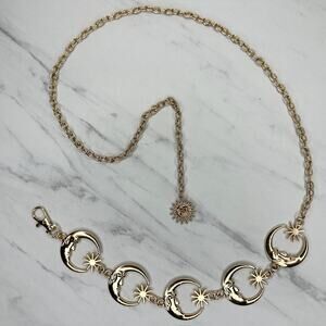 Gold Tone Celestial Crescent Moon Face Star Chain Belt Sun Charm One Size (OS) ✨